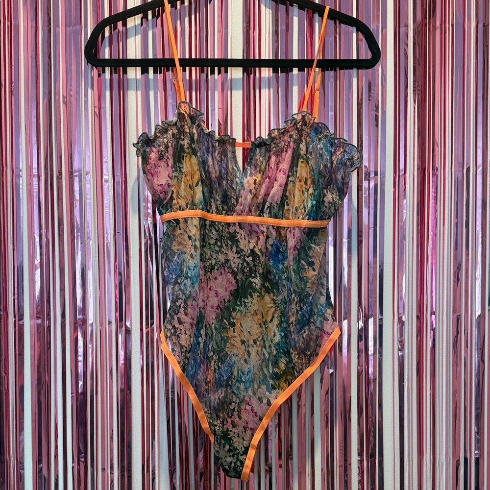 Parade Floral Watercolor Bodysuit with Orange Accents Size L